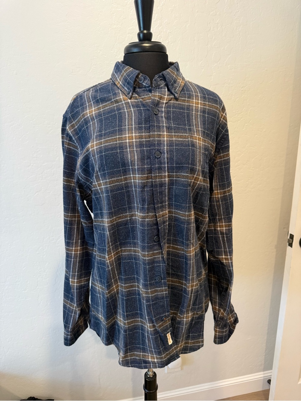 Weatherproof Navy and Tan Plaid Button-Down Shirt